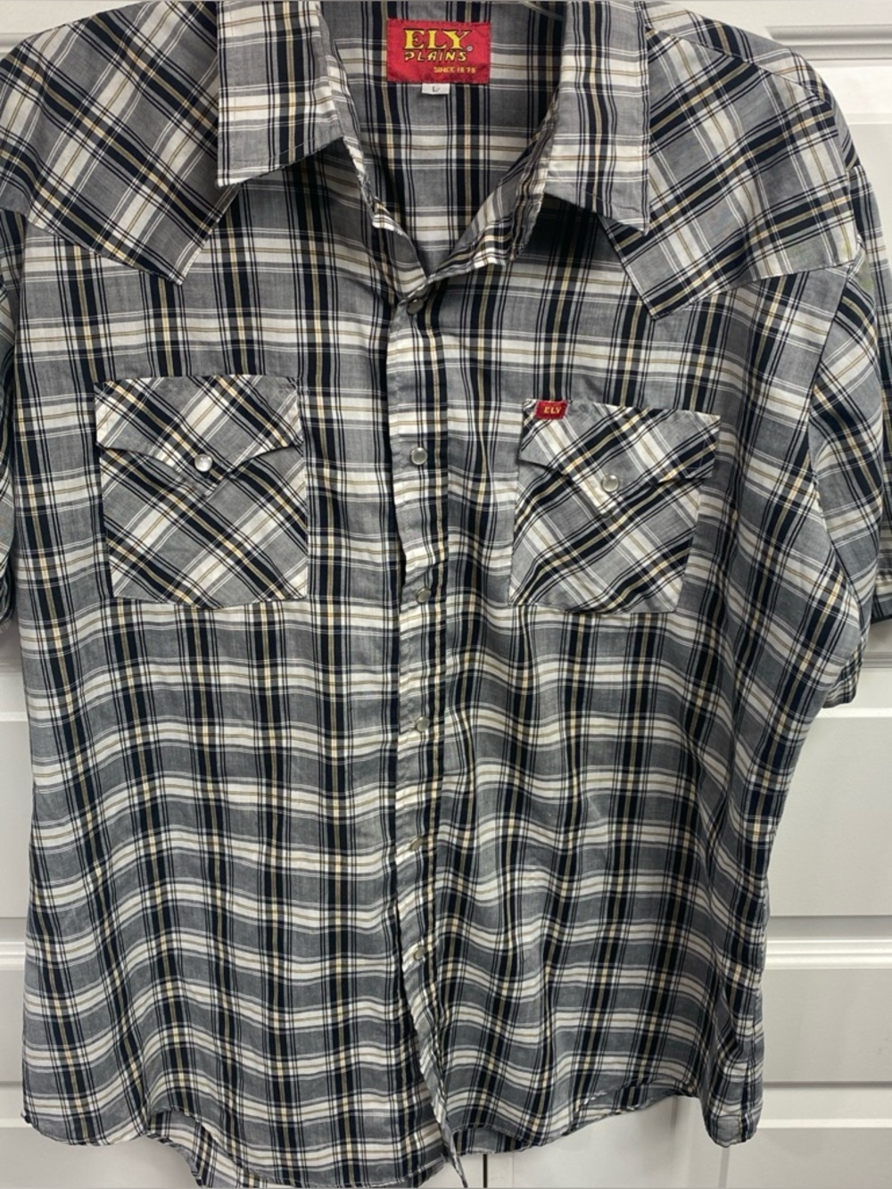 Vintage  Ely Plains 90s Pearl Snap Shirt  Large Plaid Gray Western Workwear